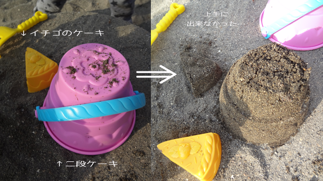 「Newislandお出かけ砂場遊びセット」で砂でケーキ作り
